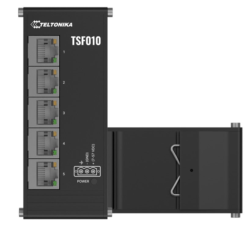 Teltonika TSF010 Flat Ethernet Switch, 3-Pin Power Input, Flat and Compact Design, Plug-and-Play, 7-57 VDC, PSU excluded