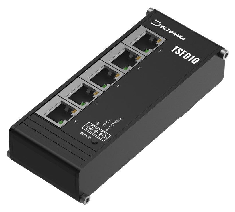 Teltonika TSF010 Flat Ethernet Switch, 3-Pin Power Input, Flat and Compact Design, Plug-and-Play, 7-57 VDC, PSU excluded
