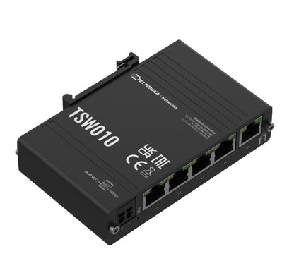 Teltonika TSW010 DIN Rail Ethernet Switch, 5x Ethernet Ports with speeds of up to 100 Mbps, Integrated DIN Rail Bracket, Plug and Play, PSU excluded