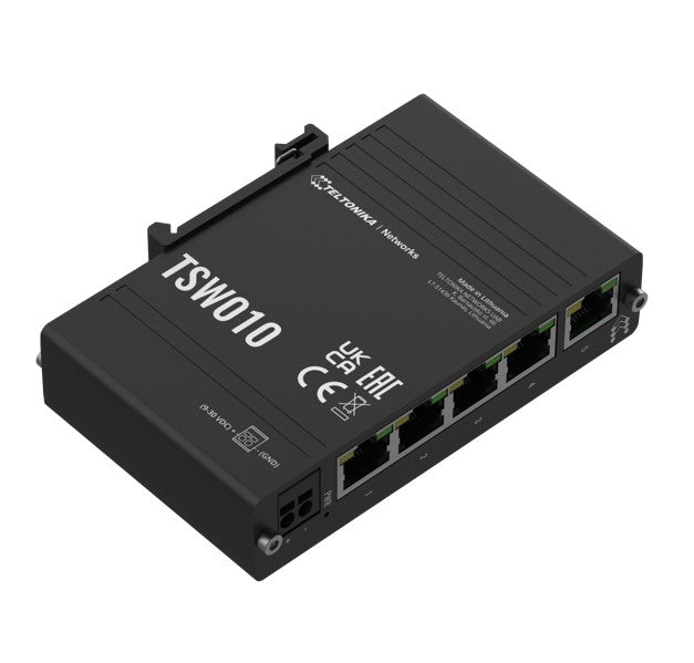 Teltonika TSW010 DIN Rail Ethernet Switch, 5x Ethernet Ports with speeds of up to 100 Mbps, Integrated DIN Rail Bracket, Plug and Play, PSU excluded