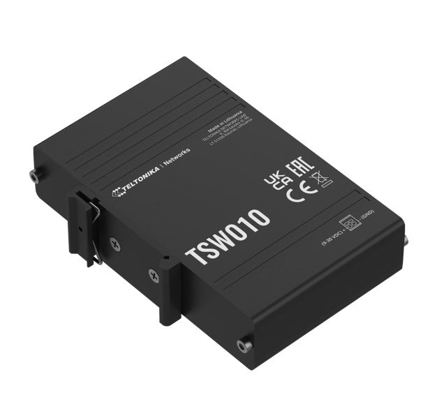 Teltonika TSW010 DIN Rail Ethernet Switch, 5x Ethernet Ports with speeds of up to 100 Mbps, Integrated DIN Rail Bracket, Plug and Play, PSU excluded