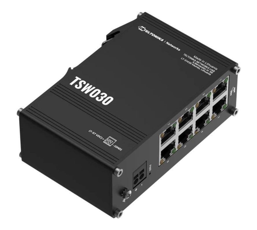 Teltonika TSW030 8-PORT ETHERNET SWITCH, 2-PIN Power Input, 10 100 Mbps,Integreated DIN Rail (PlugPlay Deployment), Supports auto MDI MDIX crossover