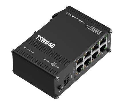 Teltonika TSW040 - 8-port PoE Switch (7-57 VDC, or 44-57 VDC for PoE-out) Integrated DIN Rail Bracket - 10 100 Mbps, supports auto MDI MDIX crossover