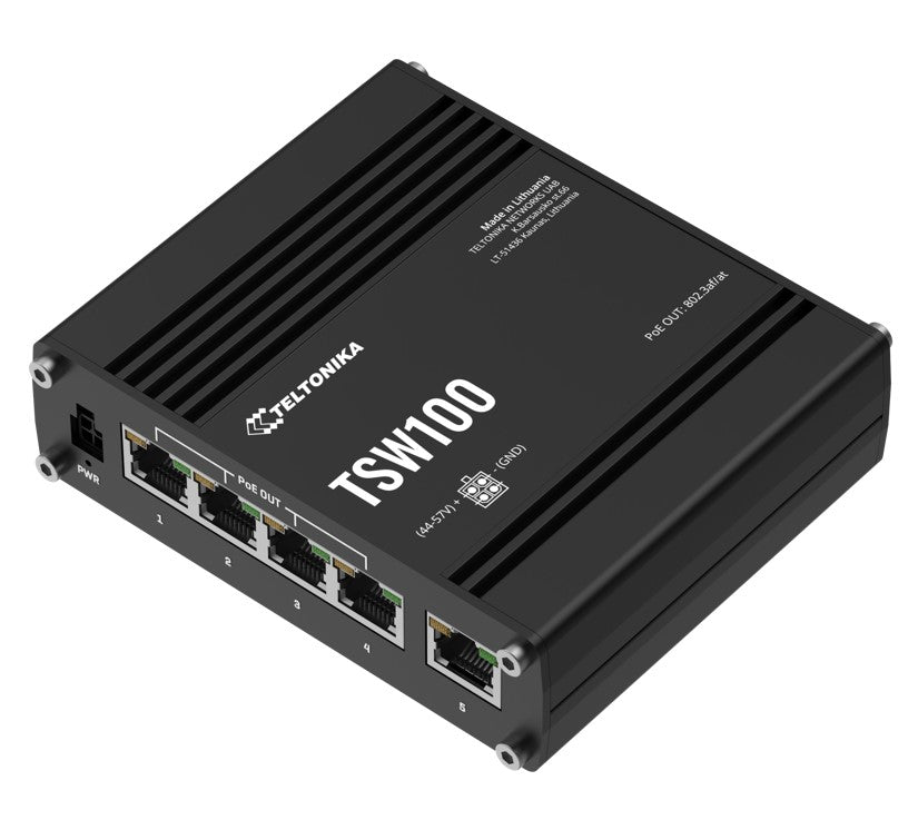 Teltonika TSW100 Industrial POE Ethernet Switch, 4 x PoE Ports, Power Up to 120W, 5 x Gigabit Ethernet with speeds up to 1000 Mbps, PSU included