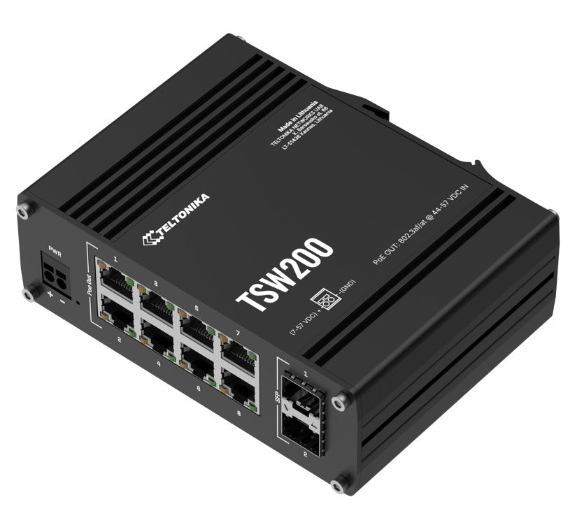 Teltonika TSW200 Industrial PoE Ethernet Switch, 2x SFP Ports, 8x PoE Ports with speeds up to 1000 Mbps, Power Up to 240 W, PSU excluded