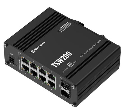 Teltonika TSW200 Industrial PoE Ethernet Switch, 2x SFP Ports, 8x PoE Ports with speeds up to 1000 Mbps, Power Up to 240 W, PSU excluded