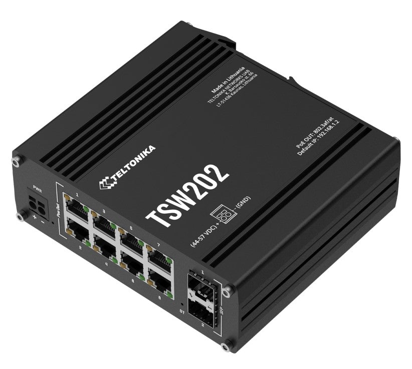 Teltonika TSW202 Managed PoE Ethernet Switch, Supports Profinet, 2 SFP Ports, 8 Gigabit Ethernet Ports Providing 30W of Power Each, PSU excluded