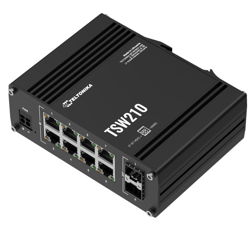 Teltonika TSW210 Industrial Ethernet Switch, 2x SFP Ports, 8x Gigabit Ethernet Ports with speeds of up to 1000 Mbps, DIN Rail, PSU excluded