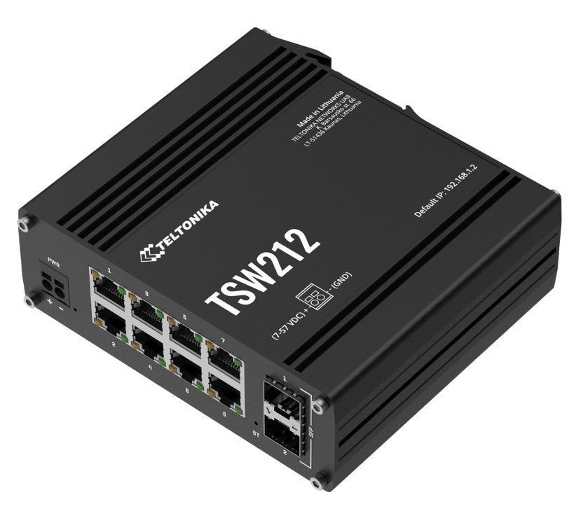 Teltonika TSW212 Managed Ethernet Switch, L2 with additional L3 Features, Supports Profinet, 8 x Gigabit Ethernet Ports, 2 x SFP Ports, PSU excluded
