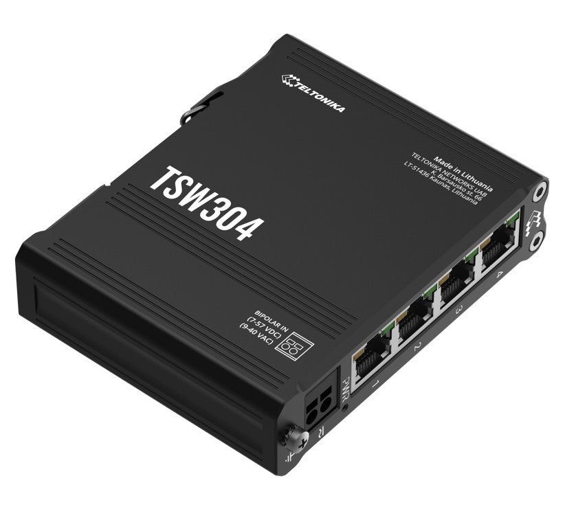 Teltonika TSW304 DIN Rail Ethernet Switch, 4x Gigabit Ethernet with speeds of up to 1000 Mbpsl, Wide Range of Voltages, PSU excluded
