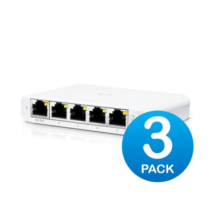 Ubiquiti USW Flex Mini 3 Pack - Managed, No PSU Cable, UniFi, Layer 2 Gigabit Switch, 5x GbE RJ45 Ports, PoE (802.3af) or USB Type-C 5V 1A,