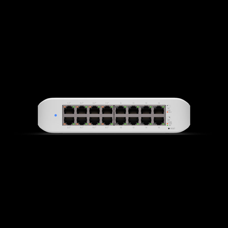 Ubiquiti UniFi Switch Lite 16 PoE, Layer 2, 16x GbE RJ45 Ports, 8x 802.3at PoE Ports, 45W PoE, Silent Operation, Wallmount Kit Include,