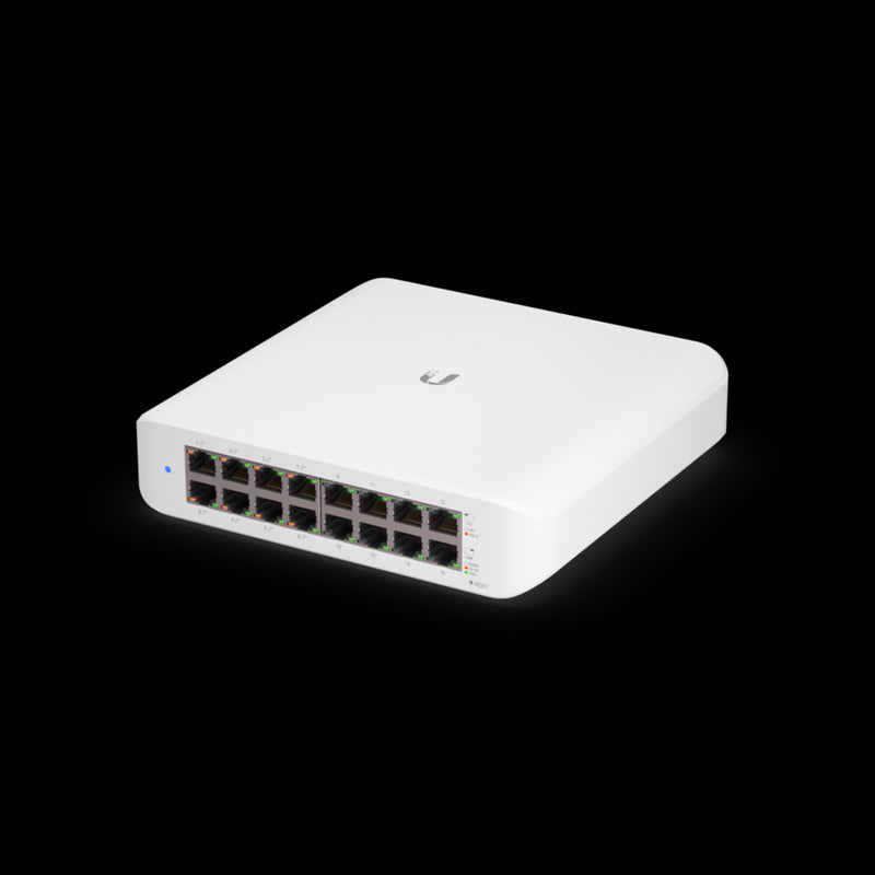 Ubiquiti UniFi Switch Lite 16 PoE, Layer 2, 16x GbE RJ45 Ports, 8x 802.3at PoE Ports, 45W PoE, Silent Operation, Wallmount Kit Include,