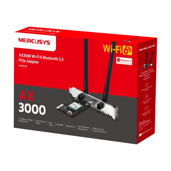 Mercusys MA80XE AX3000 Wi-Fi 6 Bluetooth 5.2 PCIe Adapter, 2402Mbps  5 GHz, 574Mbps  2.4GHz