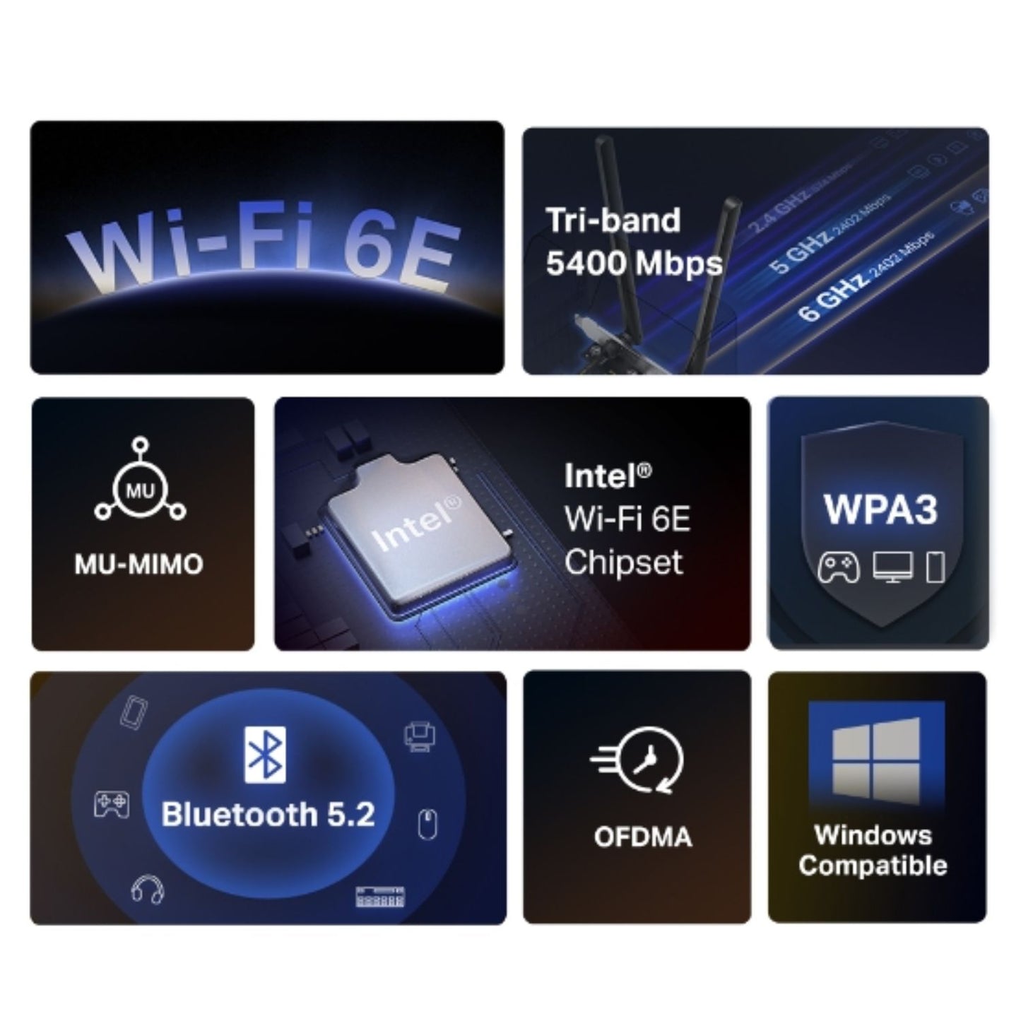 Mercusys MA86XE AXE5400 Wi-Fi 6E Bluetooth 5.2 PCIe Adapter, 2402Mbps  6GHz,2402Mbps  5GHz, 574Mbps 2.4GHz