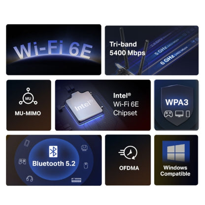 Mercusys MA86XE AXE5400 Wi-Fi 6E Bluetooth 5.2 PCIe Adapter, 2402Mbps  6GHz,2402Mbps  5GHz, 574Mbps 2.4GHz