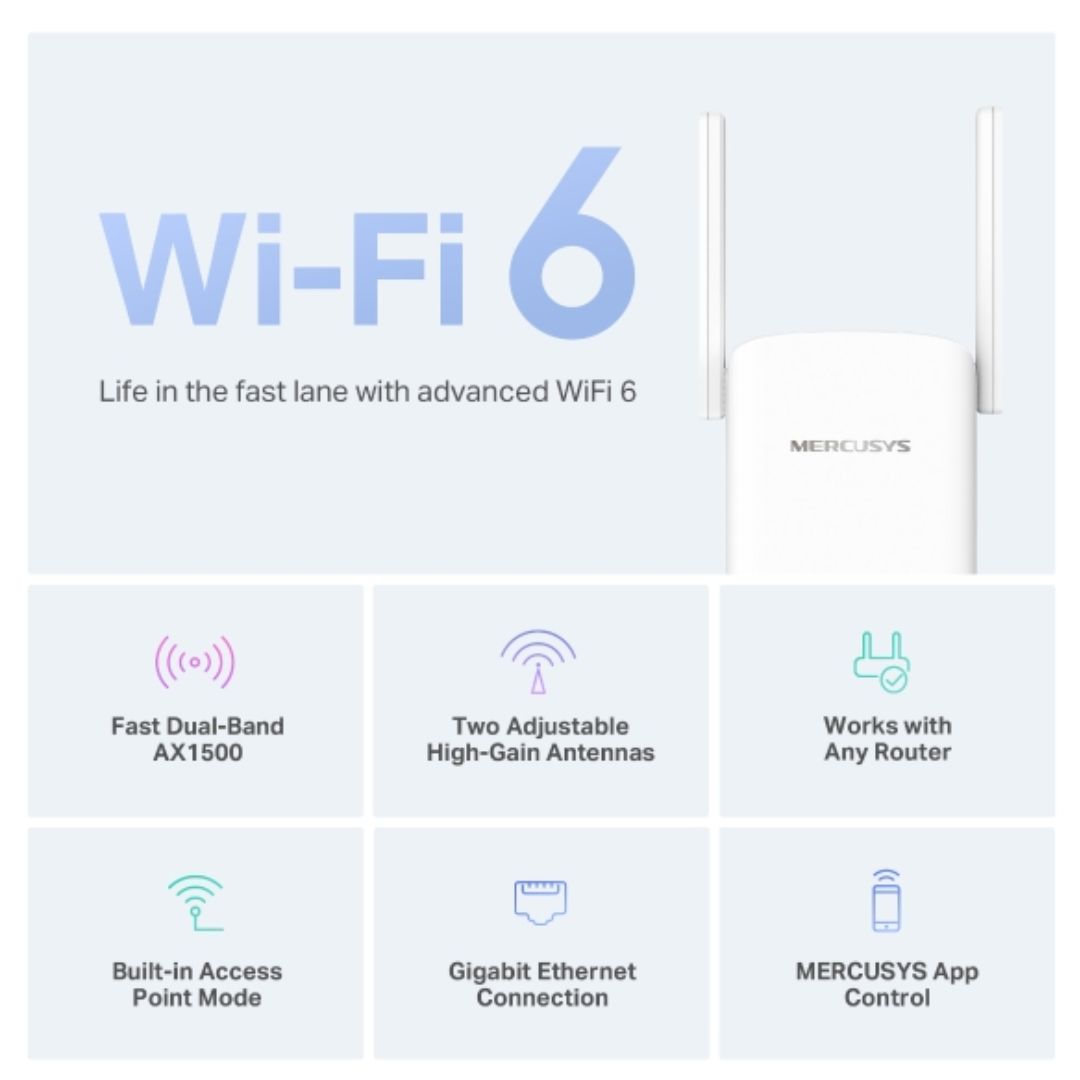Mercusys ME60X AX1500 Wi-Fi 6 Range Extender, Dual Band Speeds up to 1500Mbps, 300Mbps 2.4 GHz, 1201Mbps  5 GHz