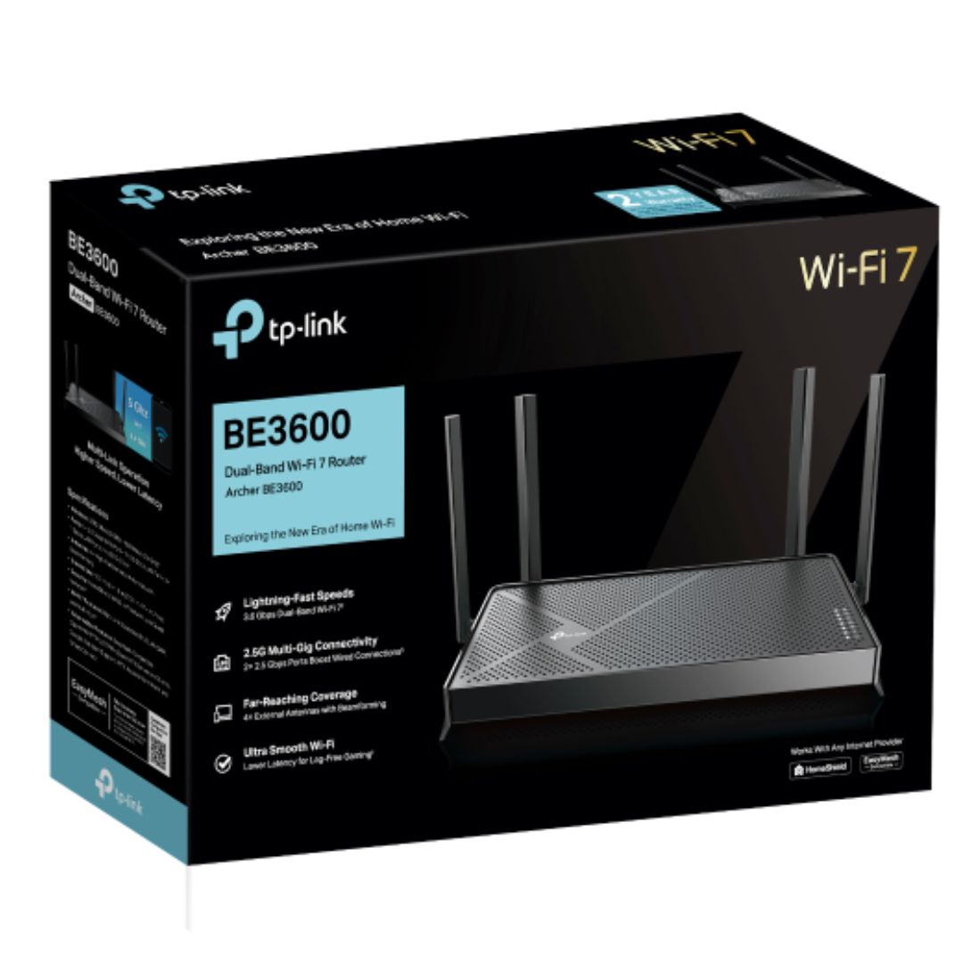 TP-Link Archer BE3600 BE3600 Dual-Band Wi-Fi 7 Router (WIFI7) 1148 Mbps at 2.4 GHz  4804 Mbps at 5 GHz, 8 Antennas, 2.0 GHz Quad- Core CPU, 12.5Gbp