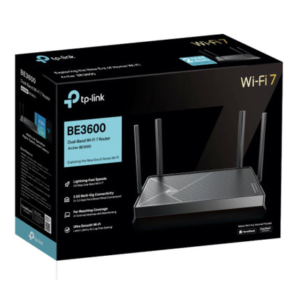 TP-Link Archer BE3600 BE3600 Dual-Band Wi-Fi 7 Router (WIFI7) 1148 Mbps at 2.4 GHz  4804 Mbps at 5 GHz, 8 Antennas, 2.0 GHz Quad- Core CPU, 12.5Gbp