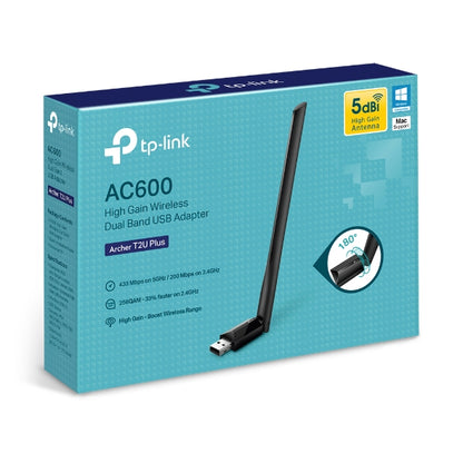TP-Link Archer T2U Plus AC600 High Gain Wi-Fi Dual Band USB Adapter,433Mbps at 5GHz  200Mbps at 2.4GHz, USB 2.0, 1 high gain antenna