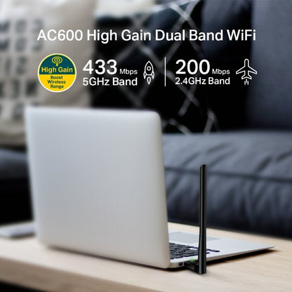 TP-Link Archer T2U Plus AC600 High Gain Wi-Fi Dual Band USB Adapter,433Mbps at 5GHz  200Mbps at 2.4GHz, USB 2.0, 1 high gain antenna