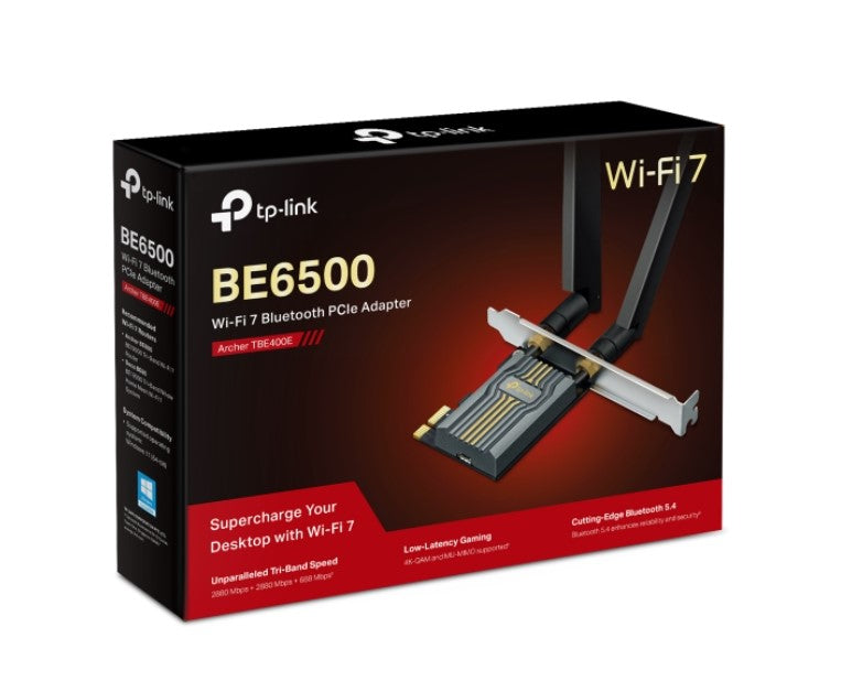 TP-Link Archer TBE400E BE6500 Wi-Fi 7 Bluetooth 5.4 PCIe Adapter,  6GHz 2882 Mbps, 5GHz 2882 Mbps, 2.4GHz 688 Mbps (wifi7) (NIC)