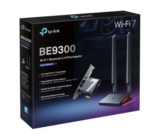 TP-Link Archer TBE550E BE9300 Wi-Fi 7 Bluetooth 5.4 PCIe Adapter, 6GHz 5760 Mbps, 5GHz 2880 Mbps, 2.4GHz 688 Mbps (wifi7) (NIC)