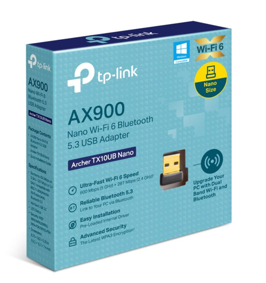 TP-Link Archer TX10UB Nano AX900 Nano Wi-Fi 6 Bluetooth 5.3 USB Adapter,  600 Mbps at 5 GHz  287 Mbps at 2.4 GHz ,  Internal Antennas, USB 2.0
