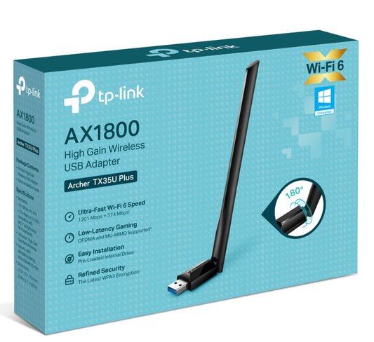 TP-Link Archer TX35U Plus AX1800 High Gain Wireless USB Adapter, 1201 Mbps at 5 GHz  574 Mbps at 2.4 GHz, 1 High Gain External Antenna, USB 3.0
FEA