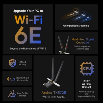 TP-Link Archer TXE72E AXE5400 Wi-Fi 6E Bluetooth 5.3 PCIe Adapter , 2402 Mbps at 6 GHz  2402 Mbps at 5 GHz  574 Mbps at 2.4 GHz