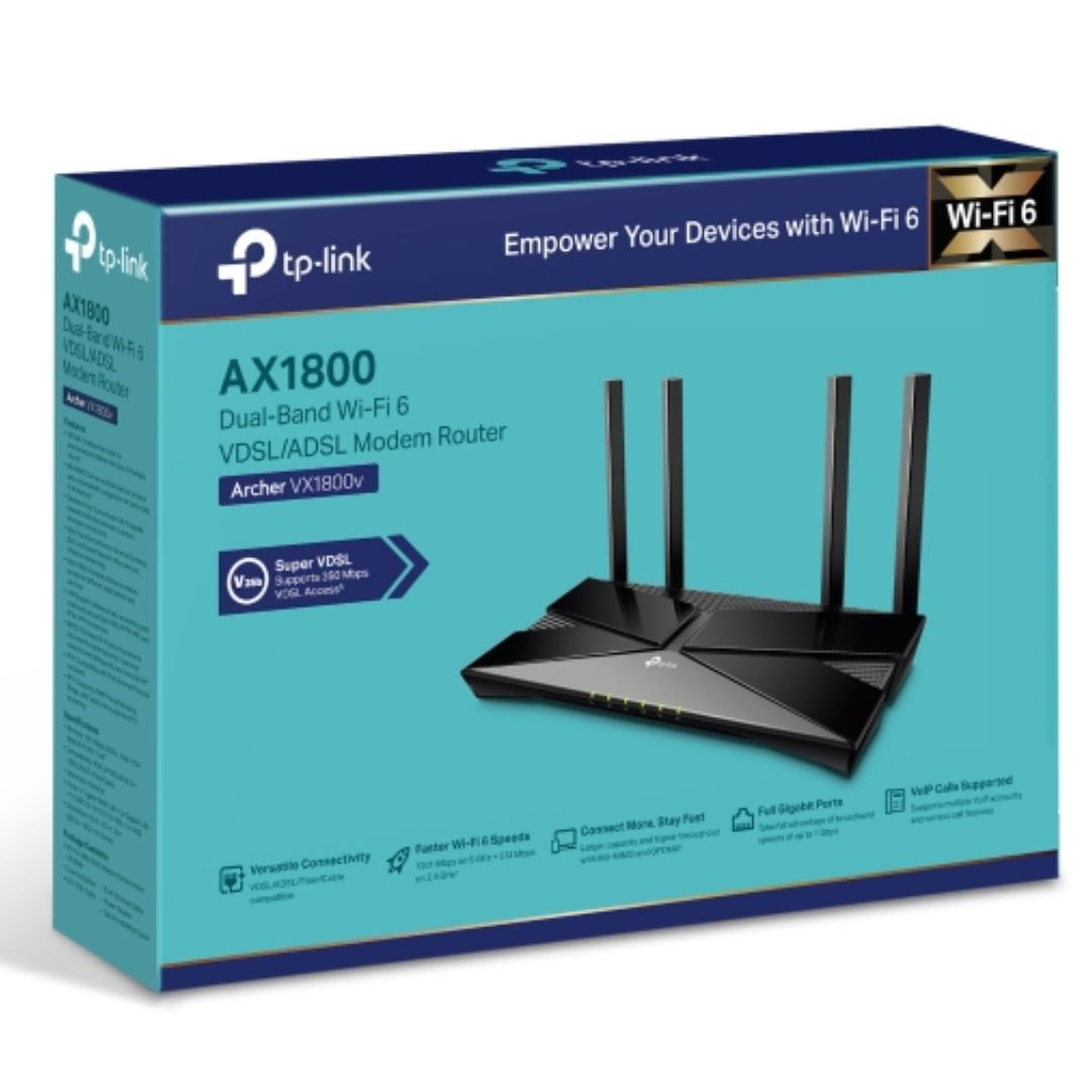 TP-Link Archer VX1800v AX1800 Dual-Band Wi-Fi 6 VDSL Modem Router With VoIP,  574 Mbps at 2.4 GHz  1201 Mbps at 5 GHz