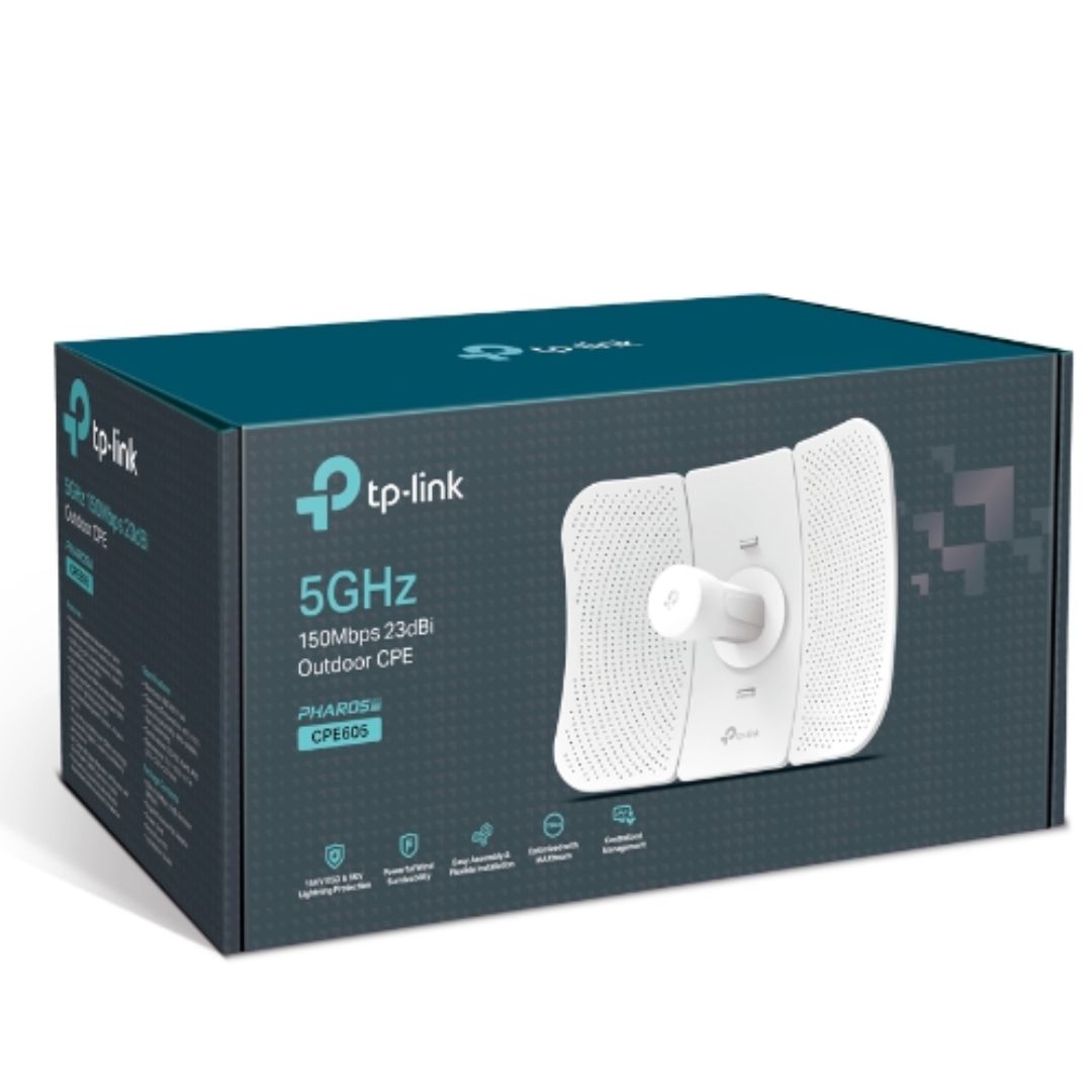 TP-Link CPE605 5GHz 150Mbps 23dBi Outdoor CPE High-gain Directional Cassegrain Antenna, Qualcomm, 23dBm, 2T2R, 23dBi Directional Antenna, 30 km, 1 FE