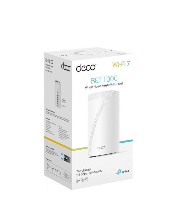 TP-Link Deco BE65 BE11000 Whole Home Mesh Wi-Fi 7 System (WIFI7), 574 Mbps at 2.4 GHz  4320 Mbps at 5 GHz  5760 Mbps at 6 GHz