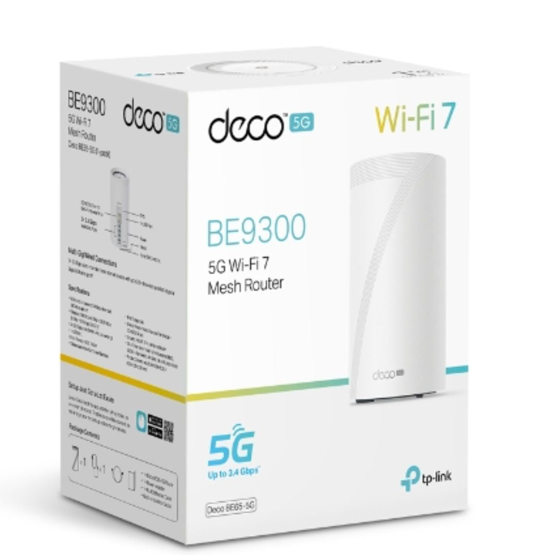 TP-Link Deco BE65-5G(1-pack) 5G BE9300 Tri-Band Whole Home Mesh Wi-Fi 7 Gateway (WIFI7)  574 Mbps at 2.4 GHz  2880 Mbps at 5 GHz  5760 Mbps at 6 GHz