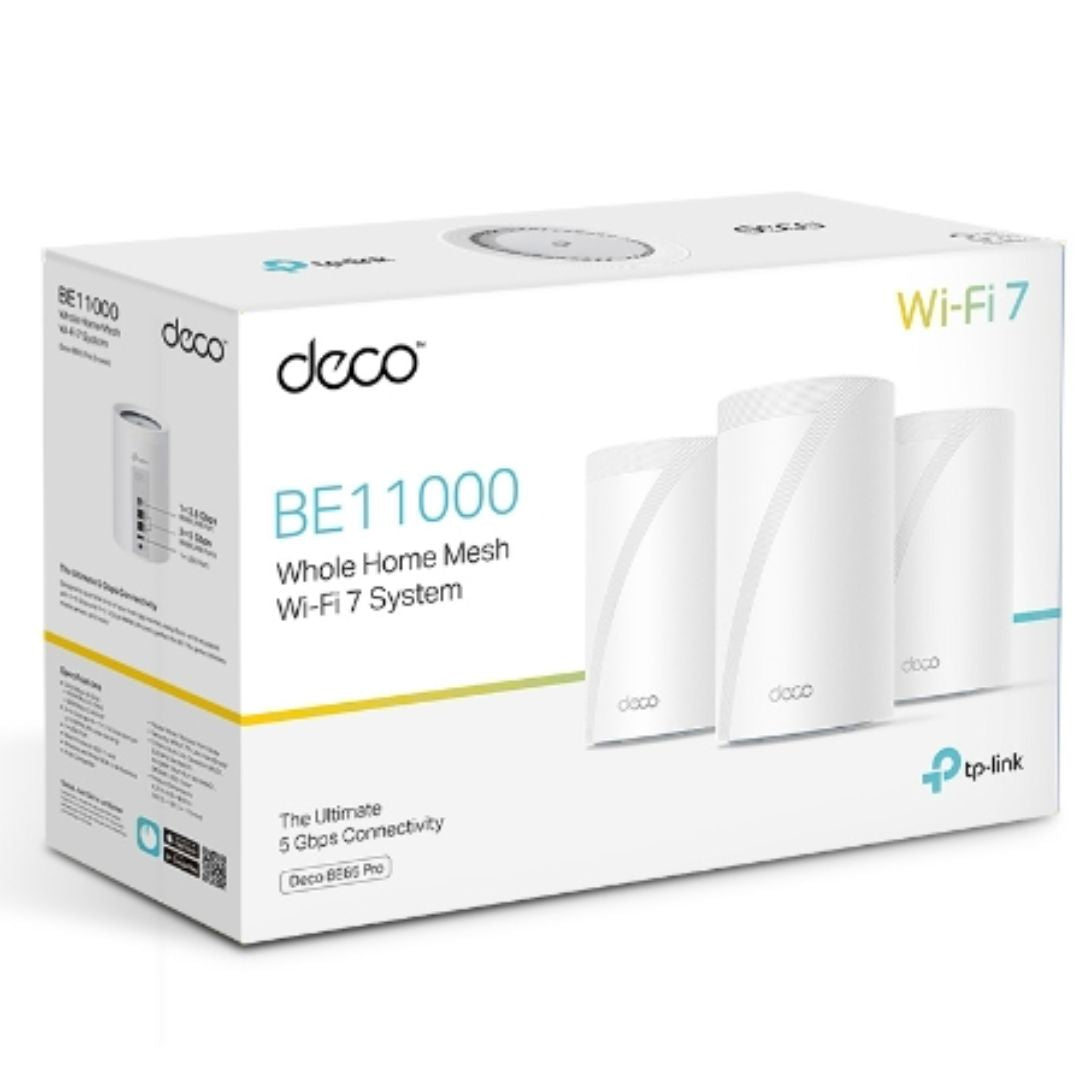 TP-Link Deco BE65 Pro(3-pack) BE11000 Whole Home Mesh WiFi 7 System, 688 Mbps at 2.4 GHz  4320 Mbps at 5 GHz  5760 Mbps at 6 GHz