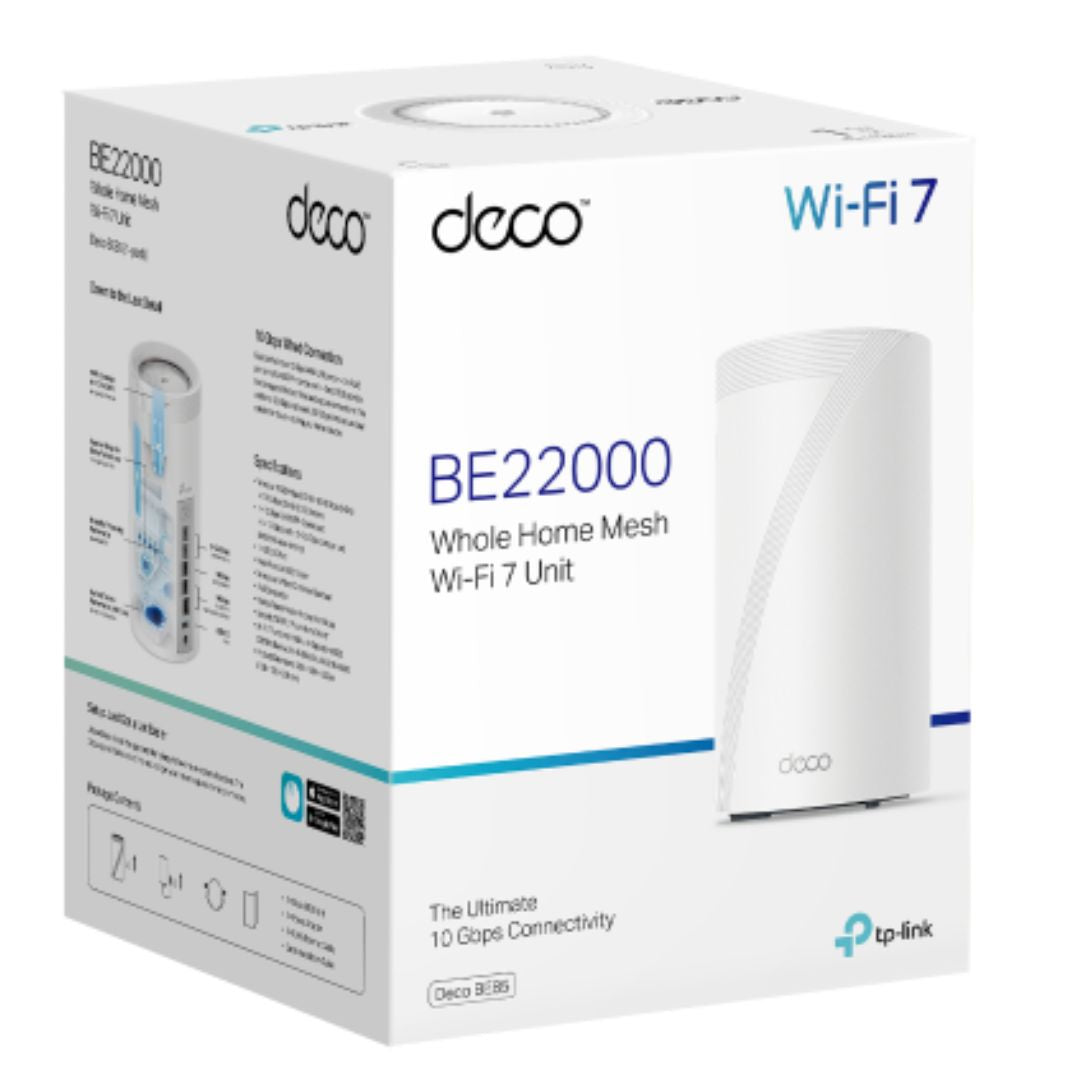 TP-Link Deco BE85(1-pack) BE22000 Tri-Band Whole Home Mesh Wi-Fi 7 System (WIFI7), 1376 Mbps at 2.4 GHz  8640 Mbps at 5 GHz  11520 Mbps at 6 GHz