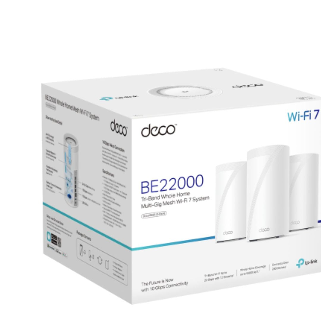 TP-Link Deco BE85(3-pack) BE22000 Tri-Band Whole Home Mesh Wi-Fi 7 System (WIFI7) 1376 Mbps at 2.4 GHz  8640 Mbps at 5 GHz  11520 Mbps at 6 GHz