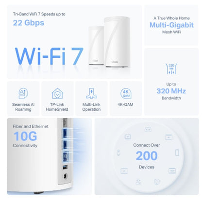 TP-Link Deco BE85(3-pack) BE22000 Tri-Band Whole Home Mesh Wi-Fi 7 System (WIFI7) 1376 Mbps at 2.4 GHz  8640 Mbps at 5 GHz  11520 Mbps at 6 GHz