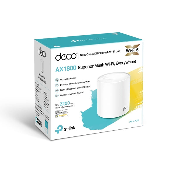 TP-Link Deco X20 (1-pack)AX1800 Whole Home Mesh Wi-Fi 6 System, Up To 200 sqm Coverage, WIFI6, 1201Mbps   5Ghz, 574Mbps   2.4 GHz OFDMA, MU-MIMO (WIFI