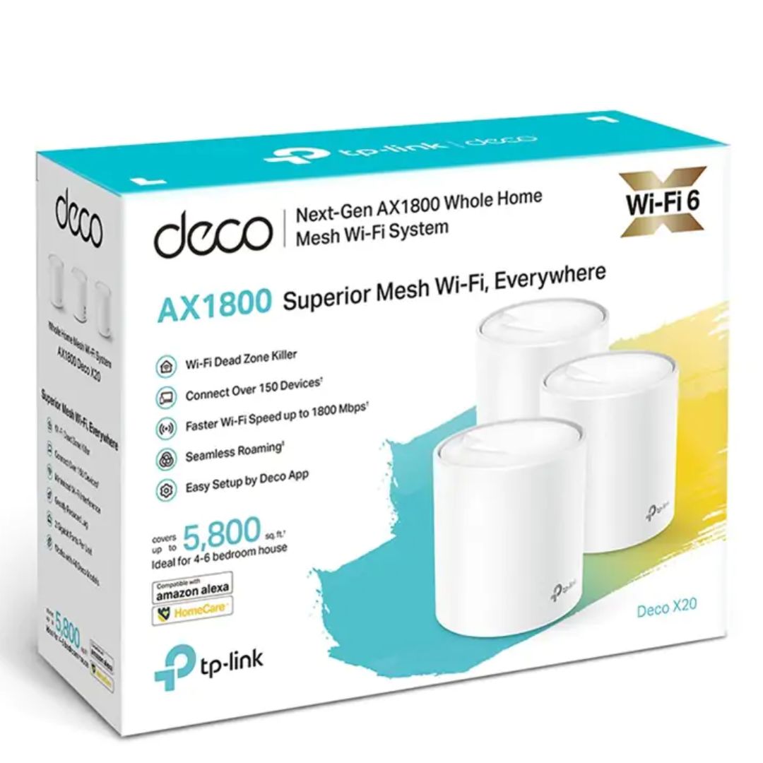 TP-Link Deco X20(3-pack) AX1800 Whole Home Mesh Wi-Fi System, Up To 530 sqm Coverage, WIFI6, 1201Mbps   5Ghz, 574Mbps   2.4 GHz OFDMA, MU-MIMO (WIFI6)