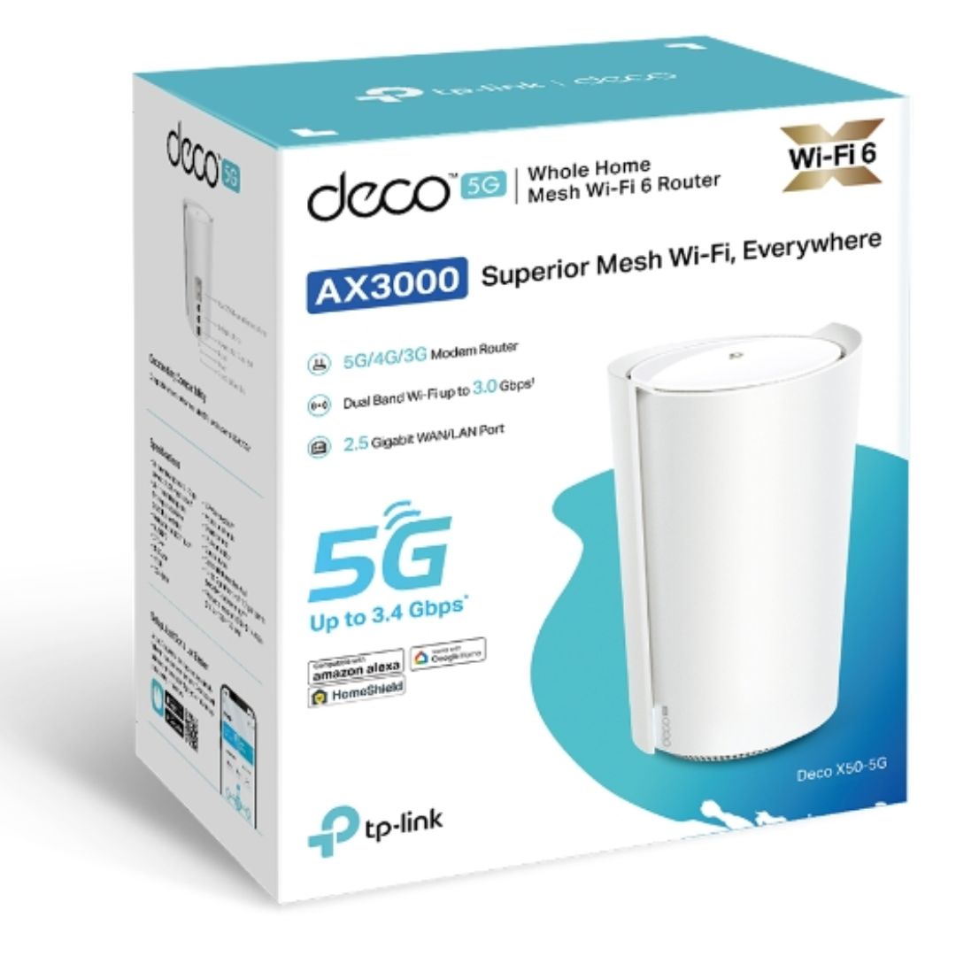 TP-Link Deco X50-5G(1-pack) 5G AX3000 Whole Home Mesh WiFi 6 Gateway, 574 Mbps at 2.4 GHz  2402 Mbps at 5 GHz, 5G 3.4Gbps 900Mbps, 4G Cat19 1.6Gbps