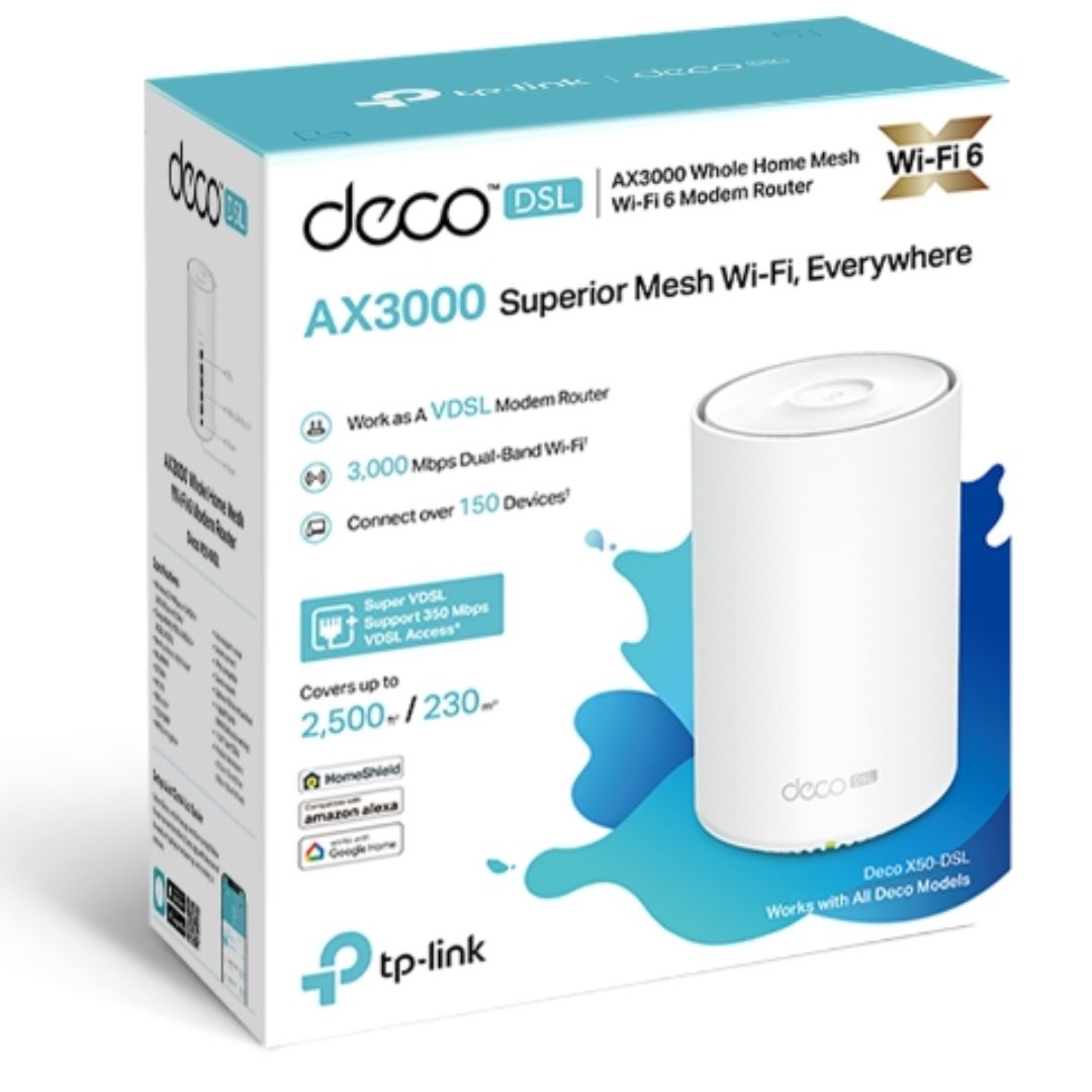 TP-Link Deco X50-DSL(1-pack) AX3000 VDSL Whole Home Mesh WiFi 6 Router, 574 Mbps at 2.4 GHz  2402 Mbps at 5 GHz, VDSL Profile 35b 350 60 Mbps