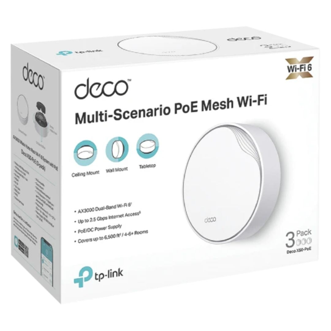 TP-Link Deco X50-PoE(3-pack) AX3000 Whole Home Mesh WiFi 6 System with PoE,  574 Mbps at 2.4 GHz  2402 Mbps at 5 GHz
