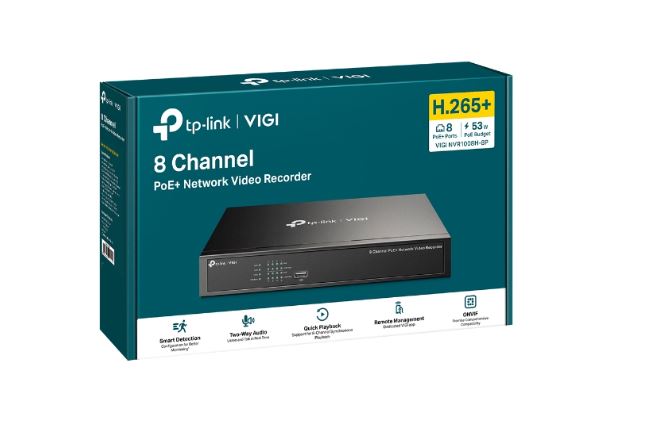 TP-Link VIGI NVR1008H-8P 8 Channel PoE Network Video Recorder, 53W PoE Budget, H.265, 4K Video Output  16MP Decoding Capacity (HDD Not Included)