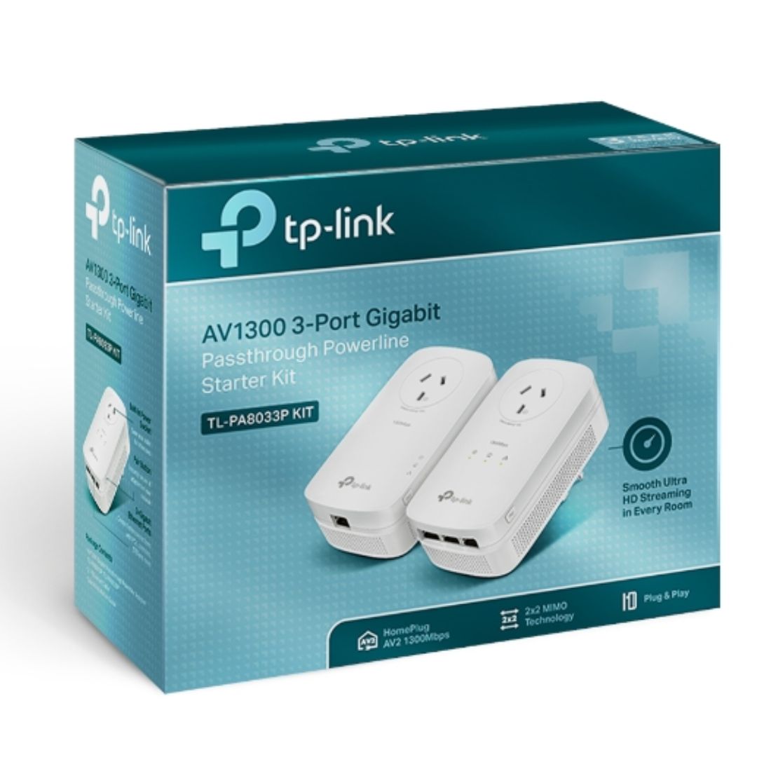 TP-Link TL-PA8033P KIT AV1300 Passthrough Powerline KIT, Qualcomm, 3 Gigabit Ports, 1300Mbps Powerline, 22 MIMO,  HomePlug AV2, New PLC Utility, Twin