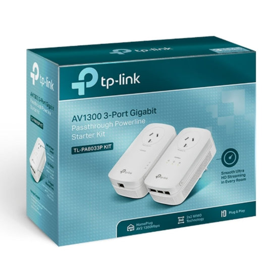 TP-Link TL-PA8033P KIT AV1300 Passthrough Powerline KIT, Qualcomm, 3 Gigabit Ports, 1300Mbps Powerline, 22 MIMO,  HomePlug AV2, New PLC Utility, Twin