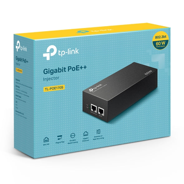 TP-Link TL-POE170S Omada PoE Injector, 2 Gigabit Ports, 802.3af at bt, Integrated Power Supply, Wall Mountable, Plug  Play