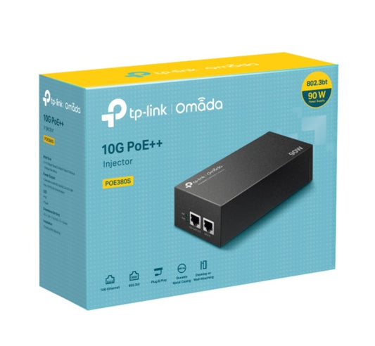 TP-Link POE380S Omada 10G PoE Injector PORT: 1 10Gbps PoE Port, 1 10Gbps Non-PoE Port, SPEC: 802.3bt at af Compliant, 90 W PoE Power, Data and Pow