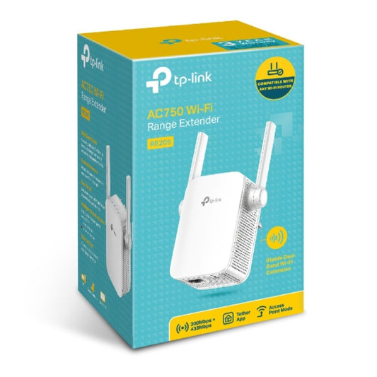 TP-Link RE205 AC750 Wi-Fi Range Extender, Dual Band: 2.4GHz   300Mbps, 5GHz   433Mbps.