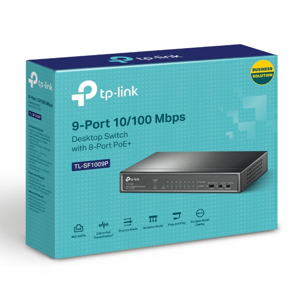 TP-Link TL-SF1009P 9-Port 10 100Mbps Desktop Switch with 8-Port PoE, Up to 65W for 8 PoE ports, Up to 30W for each PoE port